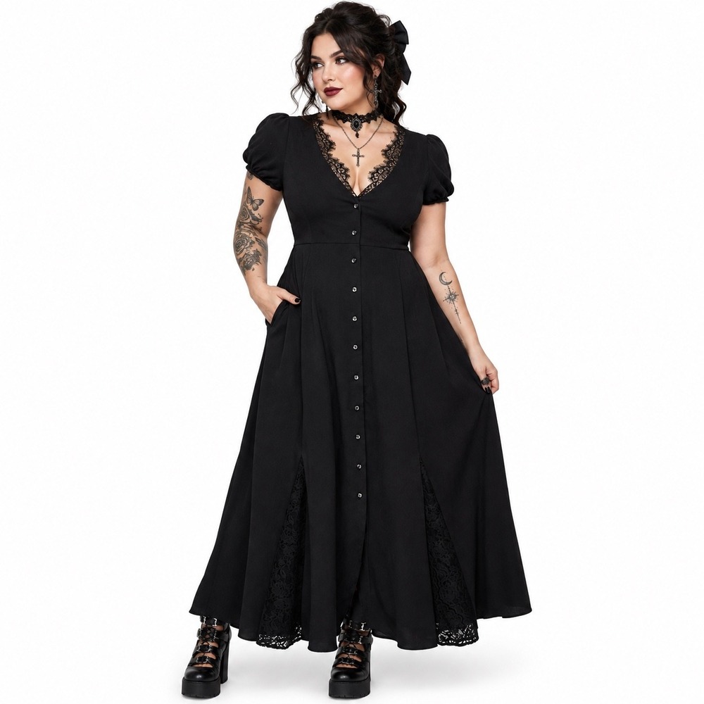 Disturbia Taissa Button Up Midi Dress Womens 10 Black Lace Trim Goth Pockets